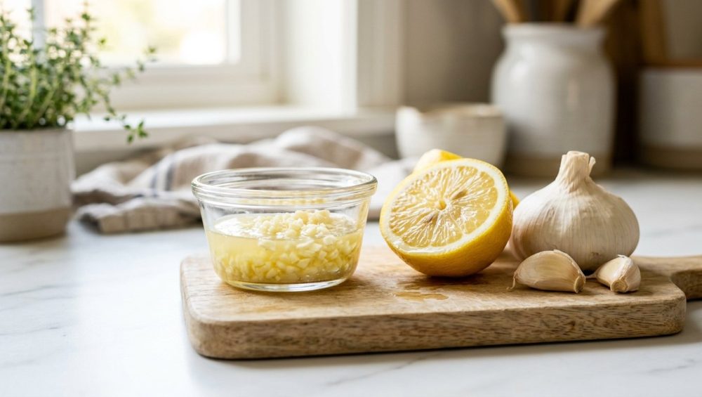 **Alt text:** A close-up of a glass bowl filled with minced garlic in lemon juice, set on a wooden cutting board alongside a halved lemon and a whole garlic bulb on a sunlit white marble countertop.