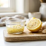 **Alt text:** A close-up of a glass bowl filled with minced garlic in lemon juice, set on a wooden cutting board alongside a halved lemon and a whole garlic bulb on a sunlit white marble countertop.