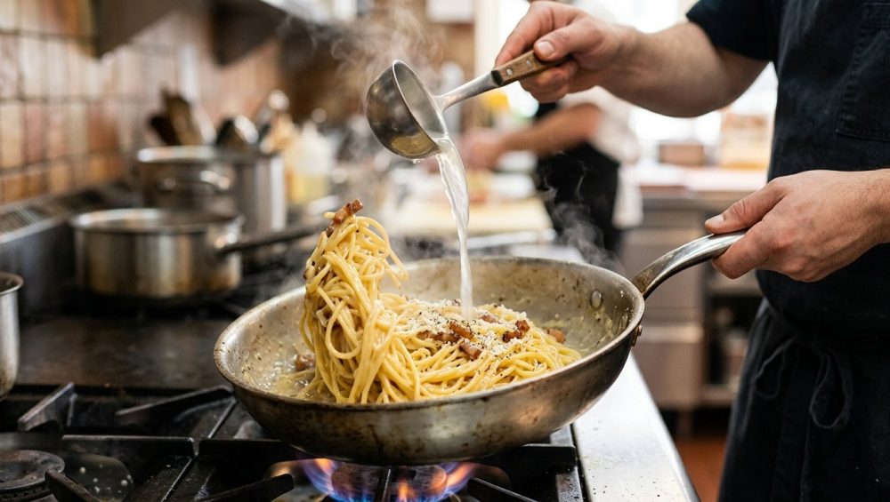 **Alt text:** A close-up photograph of steaming spaghetti being tossed in a stainless steel skillet as a thin stream of pasta water is poured in, creating a glossy, emulsified sauce. Warm, natural lighting highlights the glistening noodles against a softly blurred kitchen background.