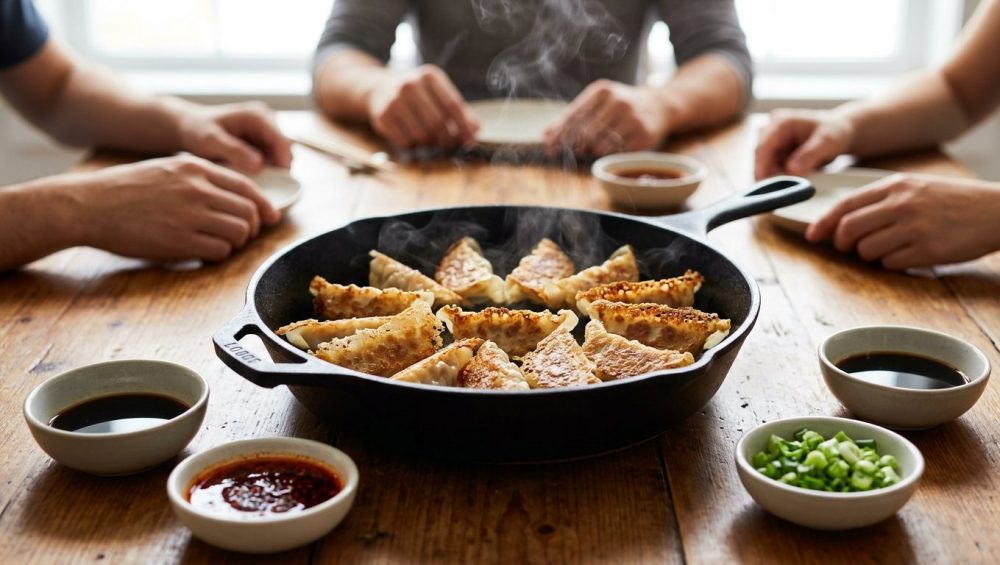 **Alt text:** A cast-iron skillet of steaming gyoza dumplings with crispy, lacy bottoms on a wooden table, surrounded by dipping sauces and the blurred hands of friends.