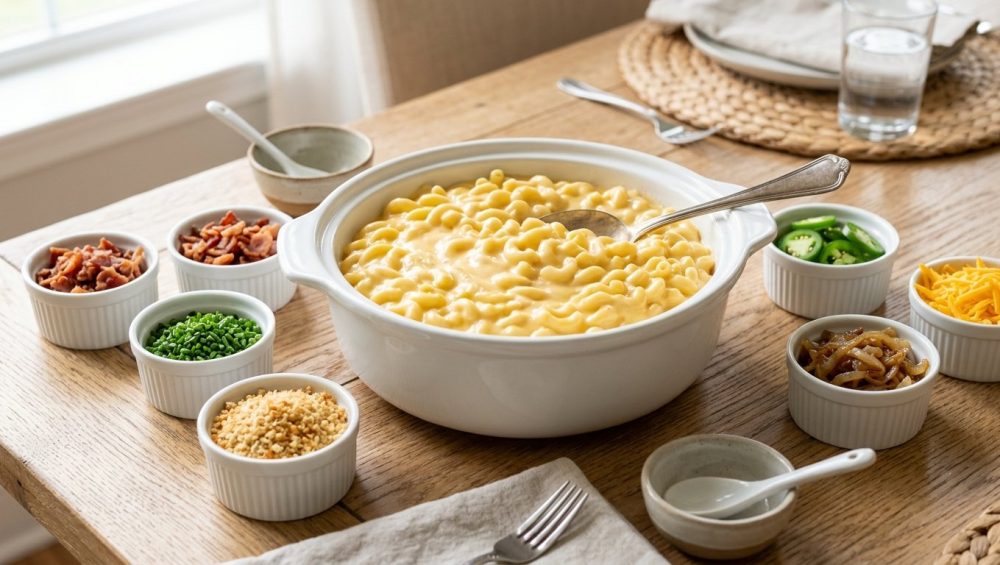 **Alt text:** A gourmet mac and cheese station on a light wood table, featuring a central white dish of creamy, golden macaroni and cheese surrounded by small ramekins of bacon, chives, toasted breadcrumbs, and sliced jalapeños.