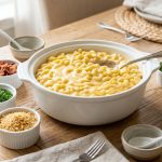 **Alt text:** A gourmet mac and cheese station on a light wood table, featuring a central white dish of creamy, golden macaroni and cheese surrounded by small ramekins of bacon, chives, toasted breadcrumbs, and sliced jalapeños.