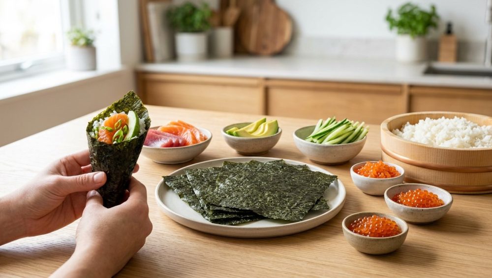 **Alt text:** Hands holding a fresh temaki sushi roll over a modern DIY sushi station with salmon, tuna, avocado, and nori sheets in bright natural light.