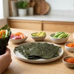 **Alt text:** Hands holding a fresh temaki sushi roll over a modern DIY sushi station with salmon, tuna, avocado, and nori sheets in bright natural light.