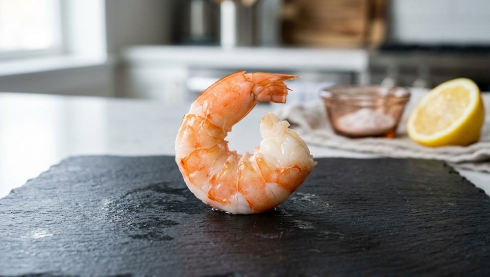 **Alt text:** Macro photograph of a single, plump cooked jumbo shrimp curled on a dark slate plate, glistening under soft natural light with a softly blurred kitchen background.