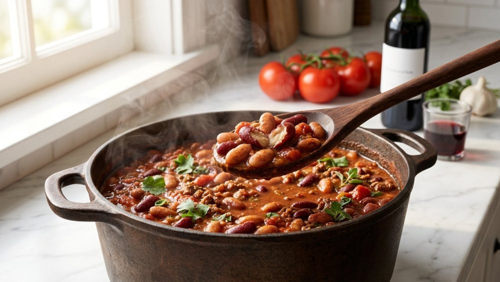 Steaming bean chili in a rustic cast-iron Dutch oven on a marble countertop, with a wooden spoon lifting a scoop of tender kidney and pinto beans. Tomatoes and red wine are visible in the soft-focus background.