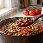 Steaming bean chili in a rustic cast-iron Dutch oven on a marble countertop, with a wooden spoon lifting a scoop of tender kidney and pinto beans. Tomatoes and red wine are visible in the soft-focus background.
