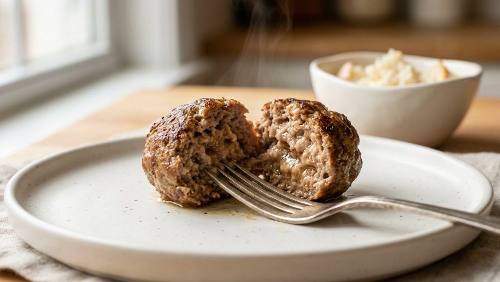 An extreme close-up of a steaming gourmet meatball split open with a silver fork on a minimalist plate, revealing a moist, tender interior. In the soft-focus background, a small bowl holds bread soaking in milk.
