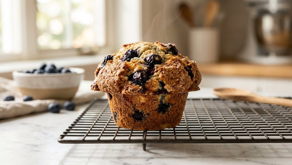 **Alt text:** A close-up photograph of a freshly baked blueberry muffin with a tall, golden-brown sugary crust, resting on a wire cooling rack on a white marble countertop in a bright, sunlit kitchen.