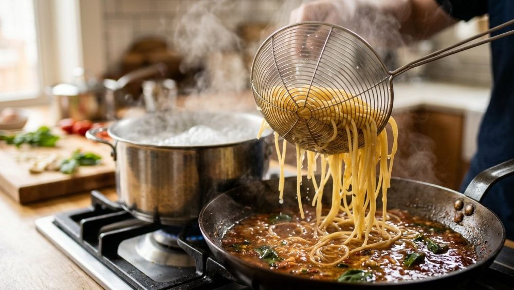 **Alt text:** Close-up of steaming spaghetti being lifted with a wire spider skimmer from boiling water into a skillet of glossy tomato sauce. Water droplets drip from the noodles, with soft steam rising in a sunlit kitchen with a shallow depth of field.