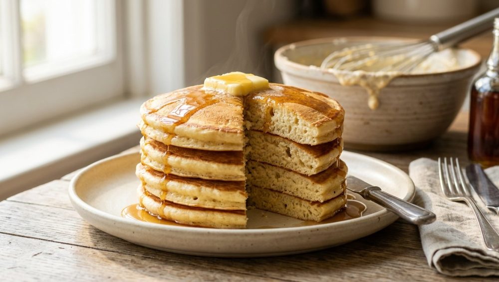 A stack of thick, golden-brown pancakes on a plate, topped with melting butter and dripping maple syrup. The top pancake is cut in half to reveal a light, fluffy interior, bathed in warm morning sunlight.