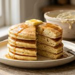A stack of thick, golden-brown pancakes on a plate, topped with melting butter and dripping maple syrup. The top pancake is cut in half to reveal a light, fluffy interior, bathed in warm morning sunlight.