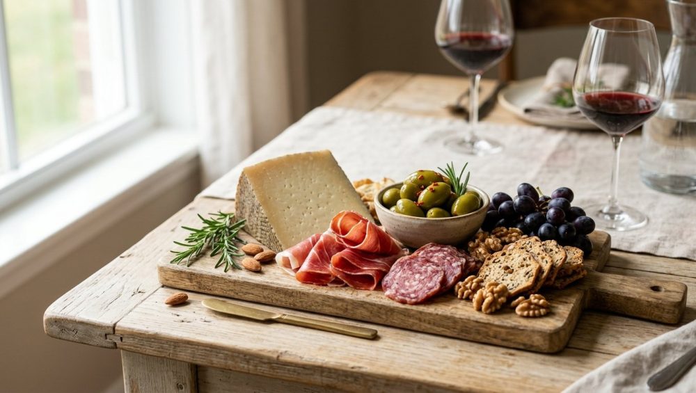 **Alt text:** A beautifully arranged charcuterie board on a rustic wooden table, featuring Manchego cheese, cured meats, green olives, grapes, and crackers, with a softly blurred background of a warm dining room.