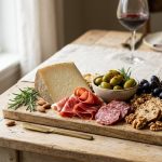 **Alt text:** A beautifully arranged charcuterie board on a rustic wooden table, featuring Manchego cheese, cured meats, green olives, grapes, and crackers, with a softly blurred background of a warm dining room.