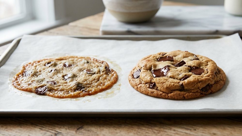 A side-by-side comparison of two chocolate chip cookies on a baking sheet. The left cookie is flat, thin, and greasy with overly spread edges. The right cookie is thick, perfectly domed, and golden-brown with pools of melted dark chocolate.