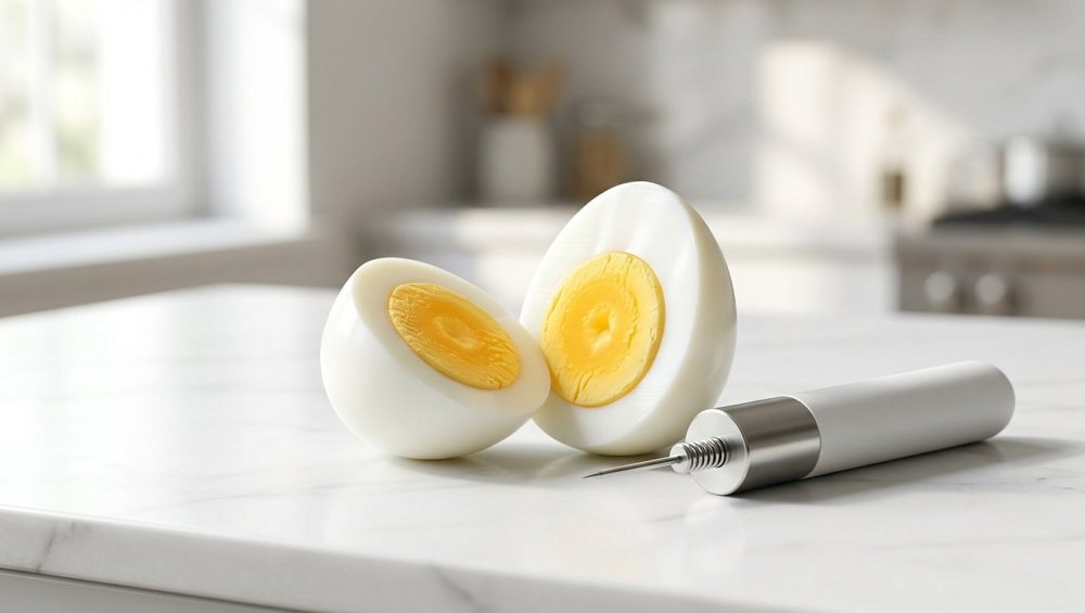 A perfectly sliced hard-boiled egg with a creamy golden yolk sits next to a sleek, minimalist egg piercer on a bright white marble countertop.