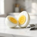 A perfectly sliced hard-boiled egg with a creamy golden yolk sits next to a sleek, minimalist egg piercer on a bright white marble countertop.