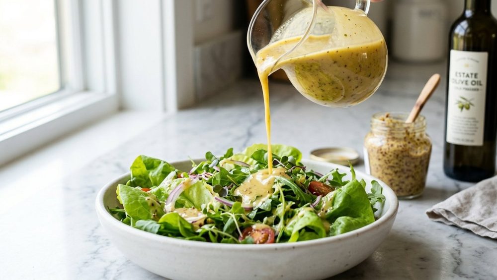 A creamy golden vinaigrette is drizzled from a glass pitcher onto a fresh green salad in a white ceramic bowl, bathed in bright, natural light.