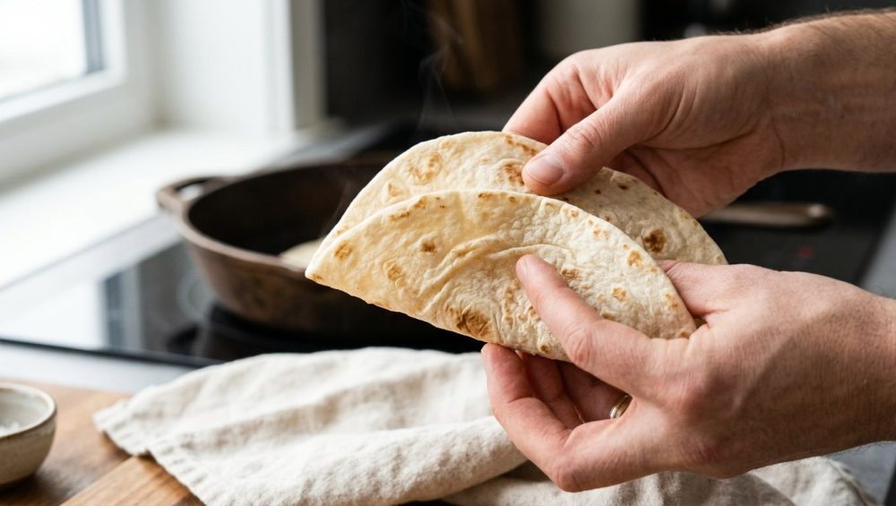**Alt Text:** A close-up of a hand gently folding a warm, flexible flour tortilla, showcasing its soft texture and golden-brown spots as a faint wisp of steam rises.