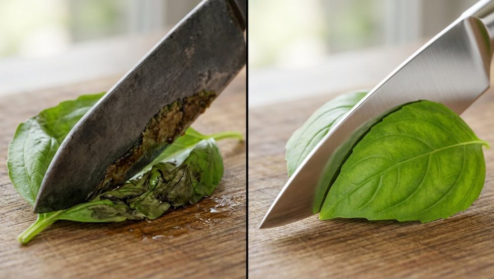 A side-by-side macro comparison of slicing basil. On the left, a dull knife crushes a basil leaf, leaving a bruised, dark, and oxidized edge. On the right, a razor-sharp knife cleanly slices a vibrant green leaf, leaving a crisp, pristine edge.