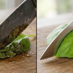 A side-by-side macro comparison of slicing basil. On the left, a dull knife crushes a basil leaf, leaving a bruised, dark, and oxidized edge. On the right, a razor-sharp knife cleanly slices a vibrant green leaf, leaving a crisp, pristine edge.