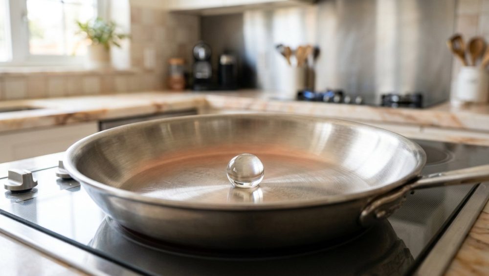 **Alt text:** A macro close-up of a single, spherical water droplet hovering and gliding on a hot, brushed stainless steel skillet, illustrating the Leidenfrost effect in a bright, modern kitchen.