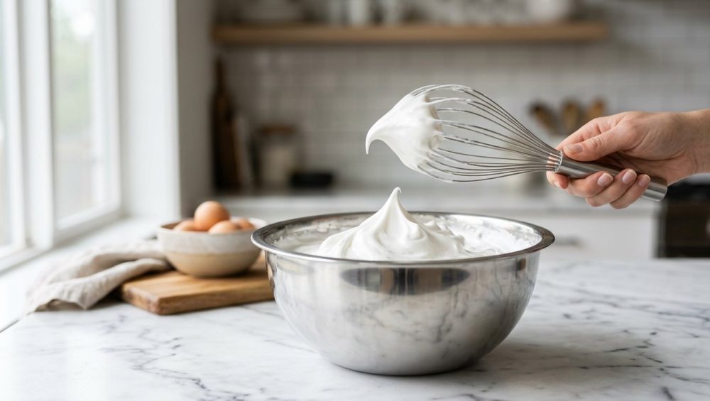 **Alt text:** A hand lifts a wire whisk with a perfect peak of glossy whipped egg white from a gleaming stainless steel mixing bowl on a white marble countertop.