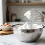 **Alt text:** A hand lifts a wire whisk with a perfect peak of glossy whipped egg white from a gleaming stainless steel mixing bowl on a white marble countertop.