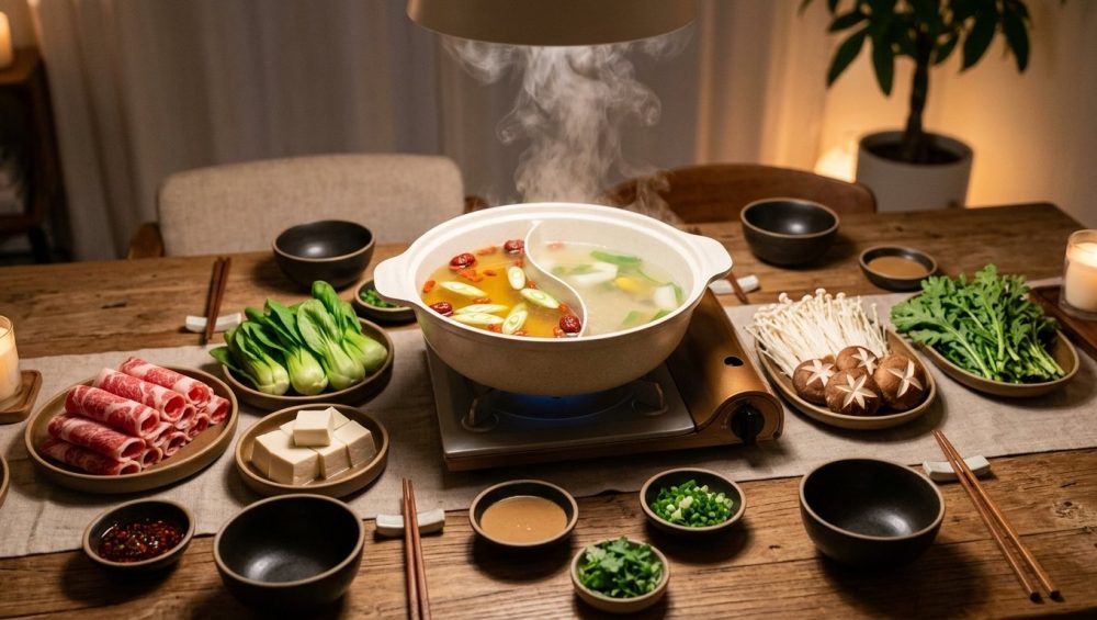 An elegant, steaming ceramic split-pot on a rustic wooden table, surrounded by neatly arranged plates of thinly sliced beef, fresh greens, and mushrooms in a warm, cozy dining setting.