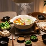 An elegant, steaming ceramic split-pot on a rustic wooden table, surrounded by neatly arranged plates of thinly sliced beef, fresh greens, and mushrooms in a warm, cozy dining setting.