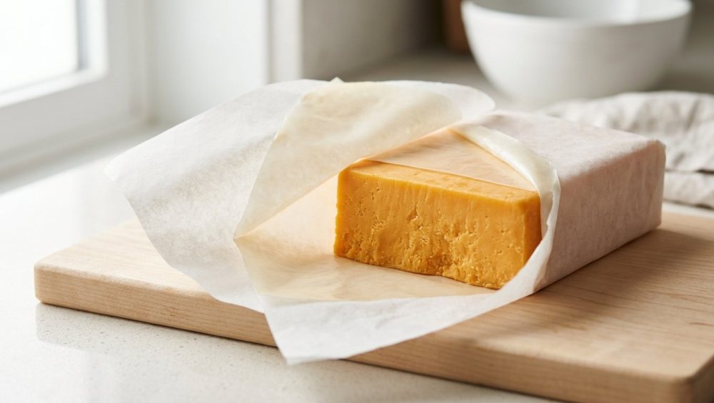 **Alt text:** A close-up, editorial photograph of a block of sharp orange cheddar cheese on a light wooden cutting board, partially unwrapped from a specialized, dual-layer white cheese paper.