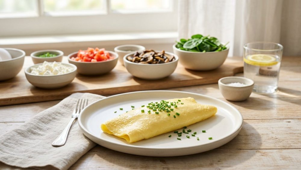 A smooth, pale-yellow French omelet garnished with fresh chives on a minimalist ceramic plate, with bowls of colorful brunch ingredients in the soft-focus background under warm morning light.