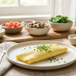 A smooth, pale-yellow French omelet garnished with fresh chives on a minimalist ceramic plate, with bowls of colorful brunch ingredients in the soft-focus background under warm morning light.