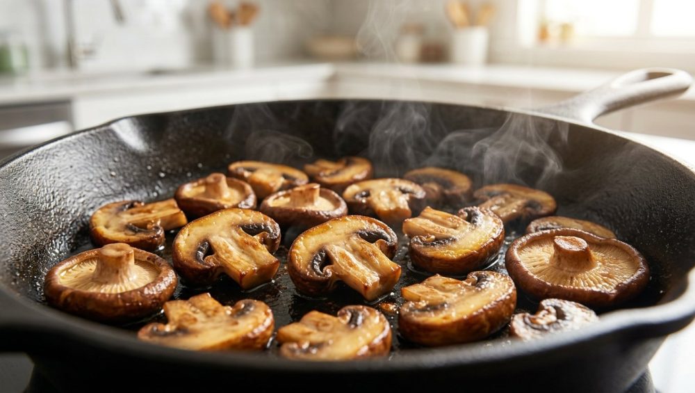 **Alt text:** A close-up shot of caramelized cremini and shiitake mushrooms sautéing in a cast-iron skillet, with gentle steam rising.
