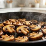 **Alt text:** A close-up shot of caramelized cremini and shiitake mushrooms sautéing in a cast-iron skillet, with gentle steam rising.
