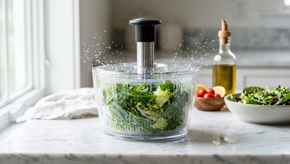**Alt Text:** A clear salad spinner filled with vibrant green leaves spins rapidly on a white marble countertop, spraying water droplets against its transparent walls in a bright, sunlit kitchen.