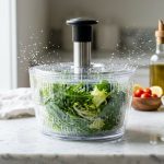 **Alt Text:** A clear salad spinner filled with vibrant green leaves spins rapidly on a white marble countertop, spraying water droplets against its transparent walls in a bright, sunlit kitchen.