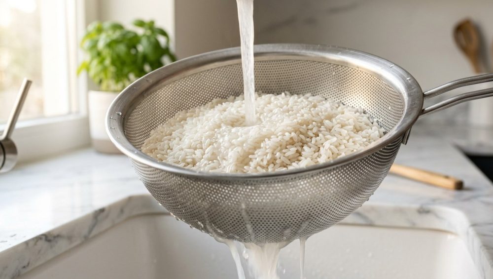 **Alt text:** A close-up, macro photograph of raw white jasmine rice being rinsed in a stainless steel micro-perforated strainer. Clear water flows over the glistening grains, washing away a milky starchy residue against a softly blurred, bright kitchen background.