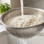 **Alt text:** A close-up, macro photograph of raw white jasmine rice being rinsed in a stainless steel micro-perforated strainer. Clear water flows over the glistening grains, washing away a milky starchy residue against a softly blurred, bright kitchen background.