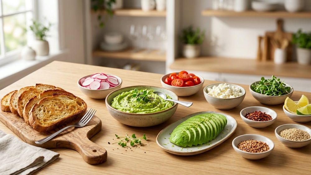 An appetizing DIY avocado toast bar on a sunlit wooden table, featuring fresh mashed avocado, toasted sourdough, and various colorful toppings.