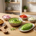An appetizing DIY avocado toast bar on a sunlit wooden table, featuring fresh mashed avocado, toasted sourdough, and various colorful toppings.