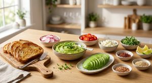 An appetizing DIY avocado toast bar on a sunlit wooden table, featuring fresh mashed avocado, toasted sourdough, and various colorful toppings.