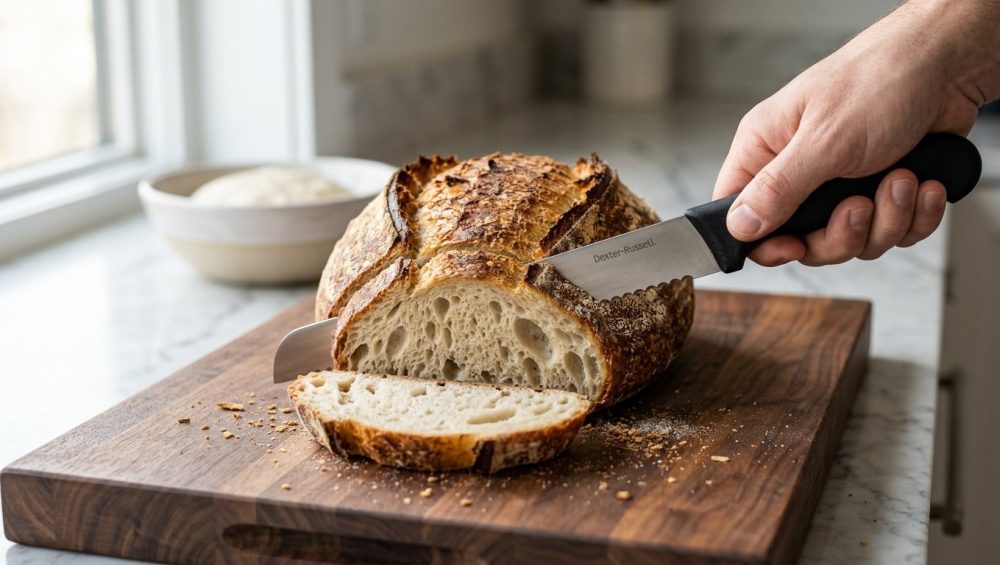 **Alt text:** Close-up of a hand using an offset serrated knife to slice a rustic sourdough loaf on a wooden cutting board, demonstrating ample knuckle clearance. A perfect, clean slice reveals an airy crumb under soft, natural morning light.