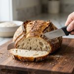 **Alt text:** Close-up of a hand using an offset serrated knife to slice a rustic sourdough loaf on a wooden cutting board, demonstrating ample knuckle clearance. A perfect, clean slice reveals an airy crumb under soft, natural morning light.