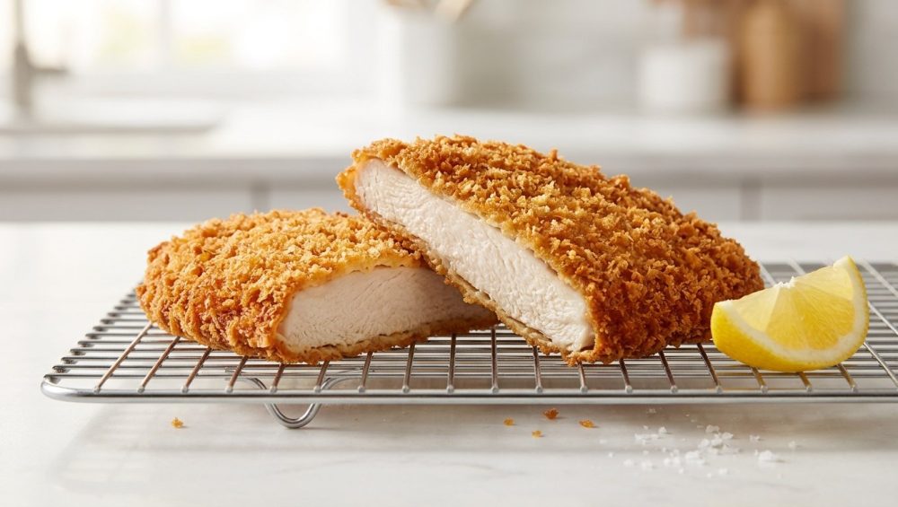 **Alt text:** A close-up of a golden-brown, crispy breaded chicken cutlet sliced in half to show the juicy white meat inside, resting on a wire rack next to a fresh lemon wedge.
