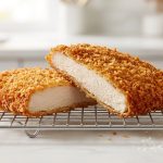 **Alt text:** A close-up of a golden-brown, crispy breaded chicken cutlet sliced in half to show the juicy white meat inside, resting on a wire rack next to a fresh lemon wedge.
