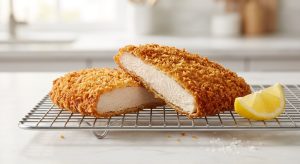 **Alt text:** A close-up of a golden-brown, crispy breaded chicken cutlet sliced in half to show the juicy white meat inside, resting on a wire rack next to a fresh lemon wedge.