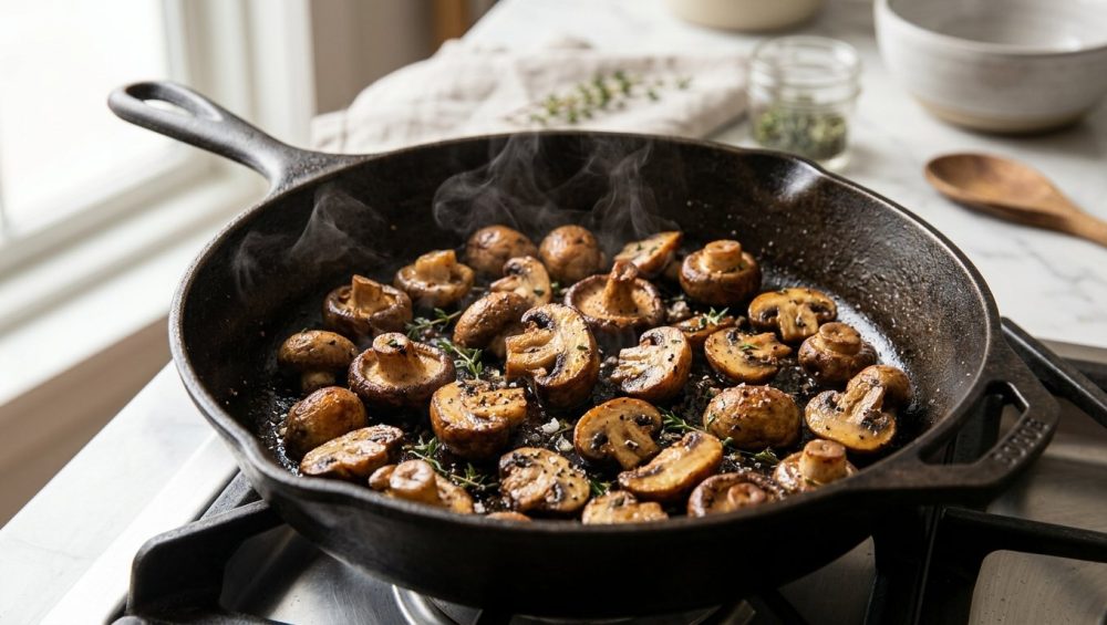 **Alt text:** A close-up of caramelized mixed mushrooms searing in a seasoned cast-iron skillet, garnished with fresh thyme and a gentle wisp of steam.