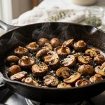 **Alt text:** A close-up of caramelized mixed mushrooms searing in a seasoned cast-iron skillet, garnished with fresh thyme and a gentle wisp of steam.