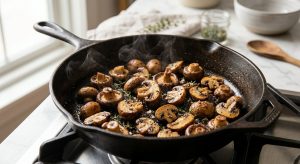 **Alt text:** A close-up of caramelized mixed mushrooms searing in a seasoned cast-iron skillet, garnished with fresh thyme and a gentle wisp of steam.